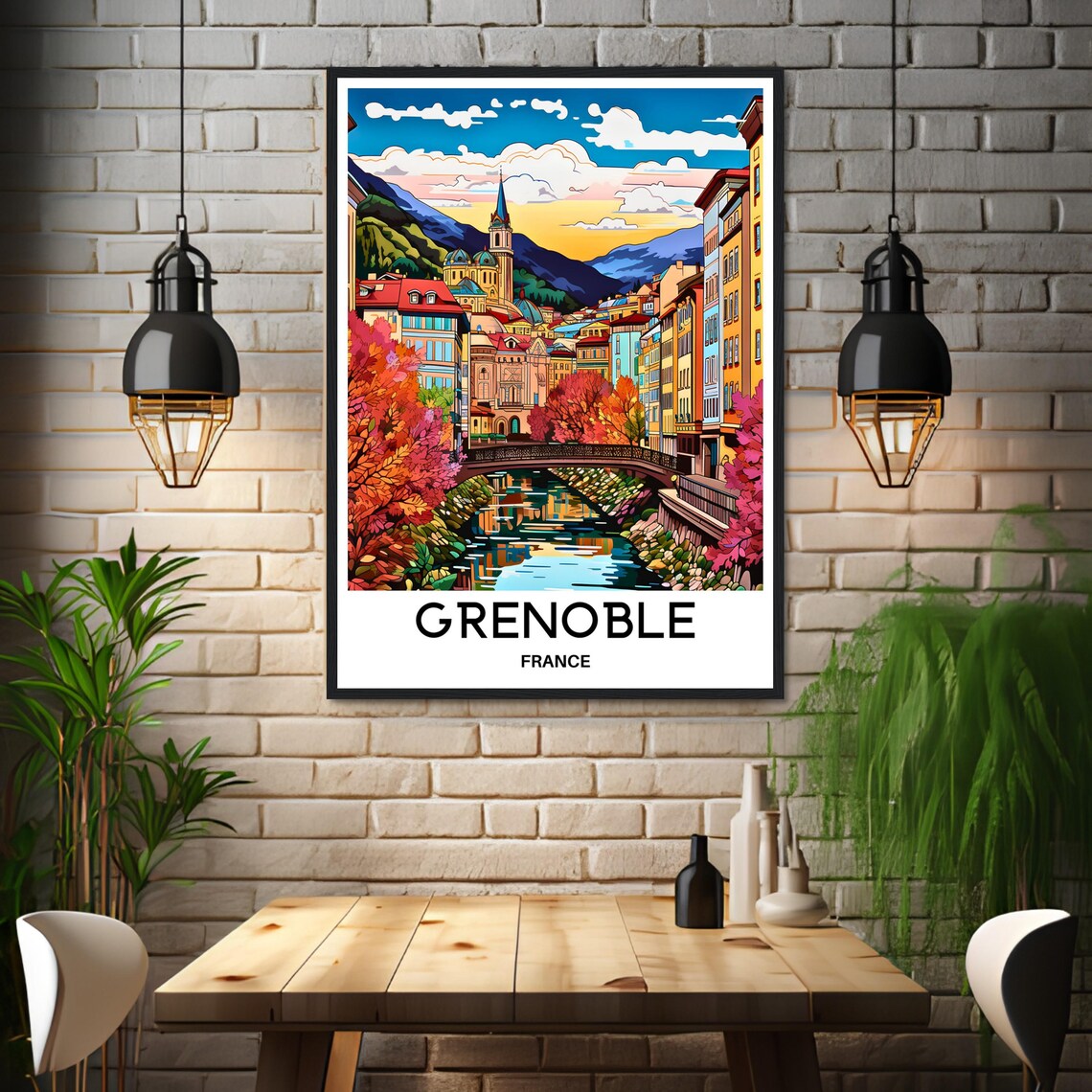 Grenoble France Autumn River Bridge Historic Old Town Poster - Image 3