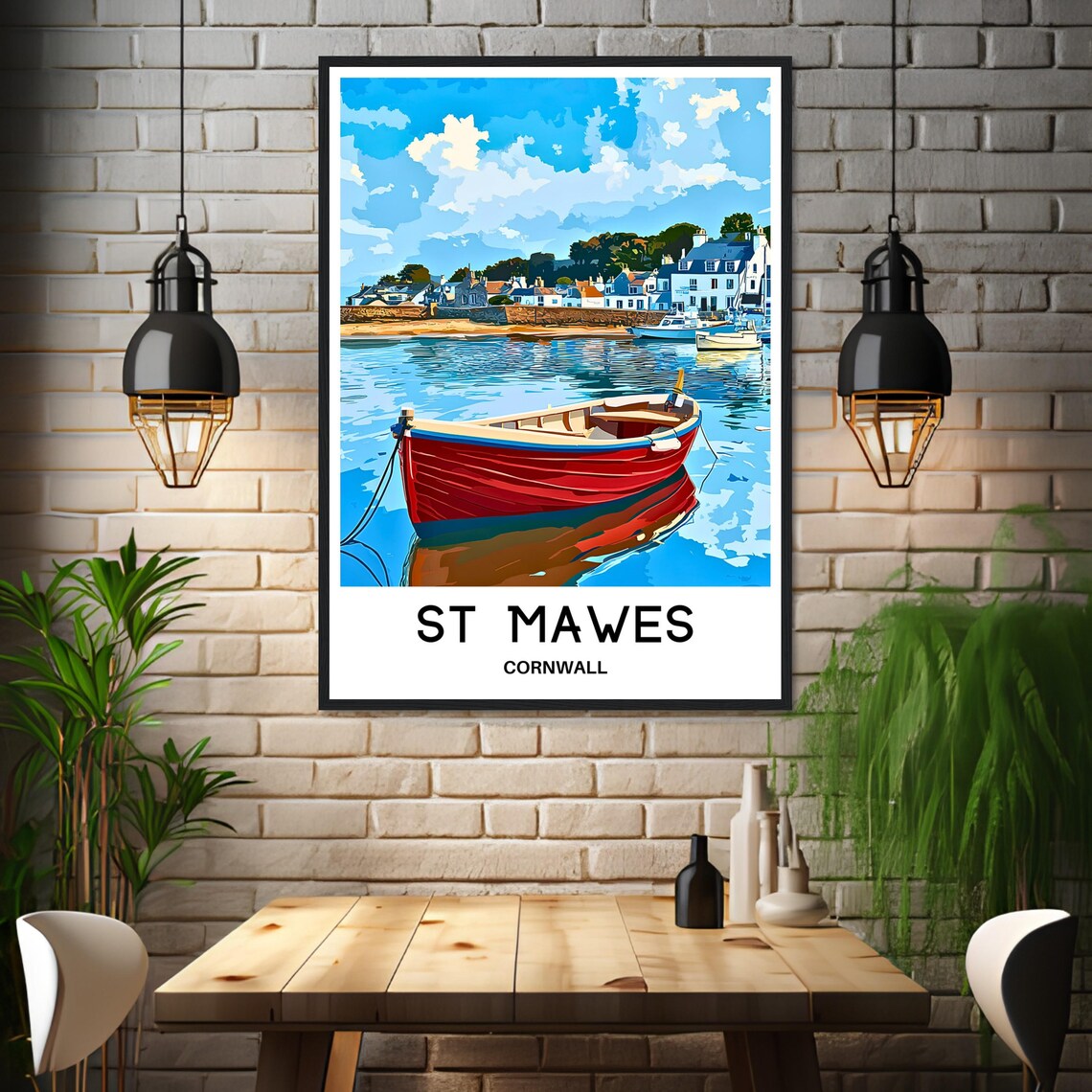 St Mawes Cornwall Red Boat Calm Harbor Village Travel Art Poster - Image 3