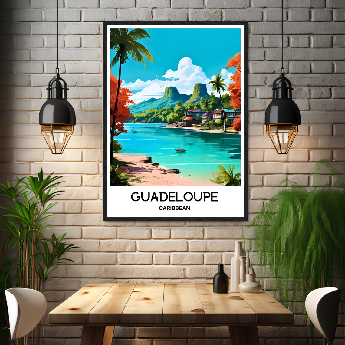 Guadeloupe Caribbean Tropical Beach and Palm Trees Travel Poster - Image 3
