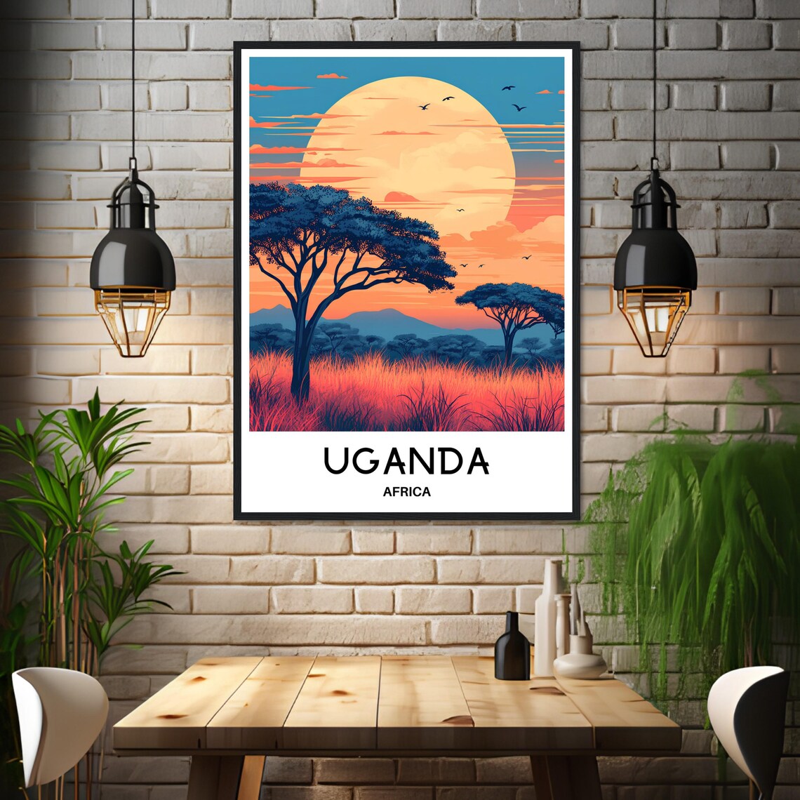 Uganda African Savanna Sunset Acacia Trees Safari Travel Poster - Image 3