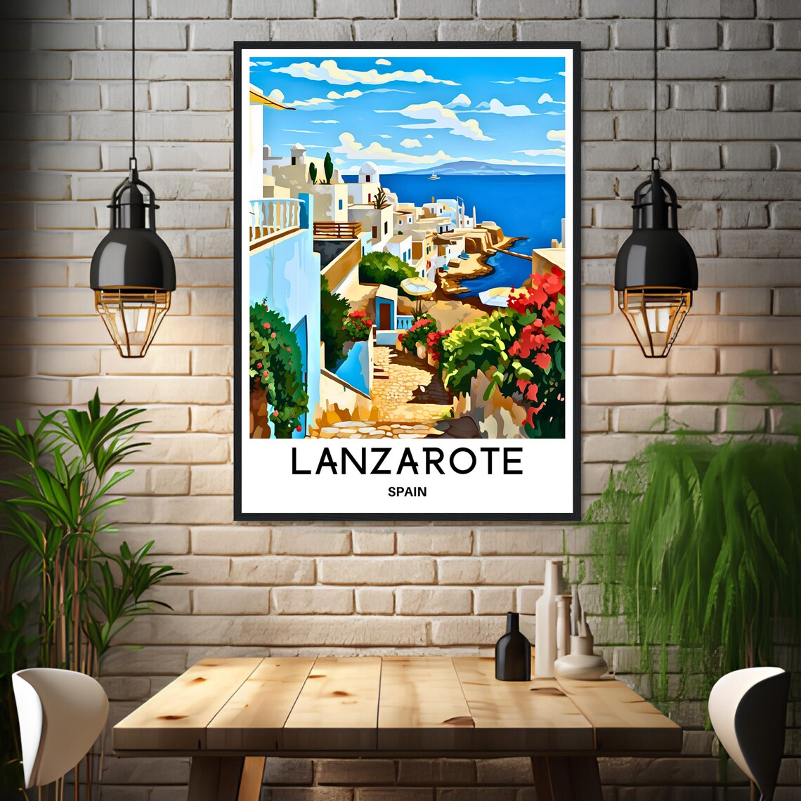 Lanzarote Spain White Coastal Village Hillside Illustration Poster - Image 3