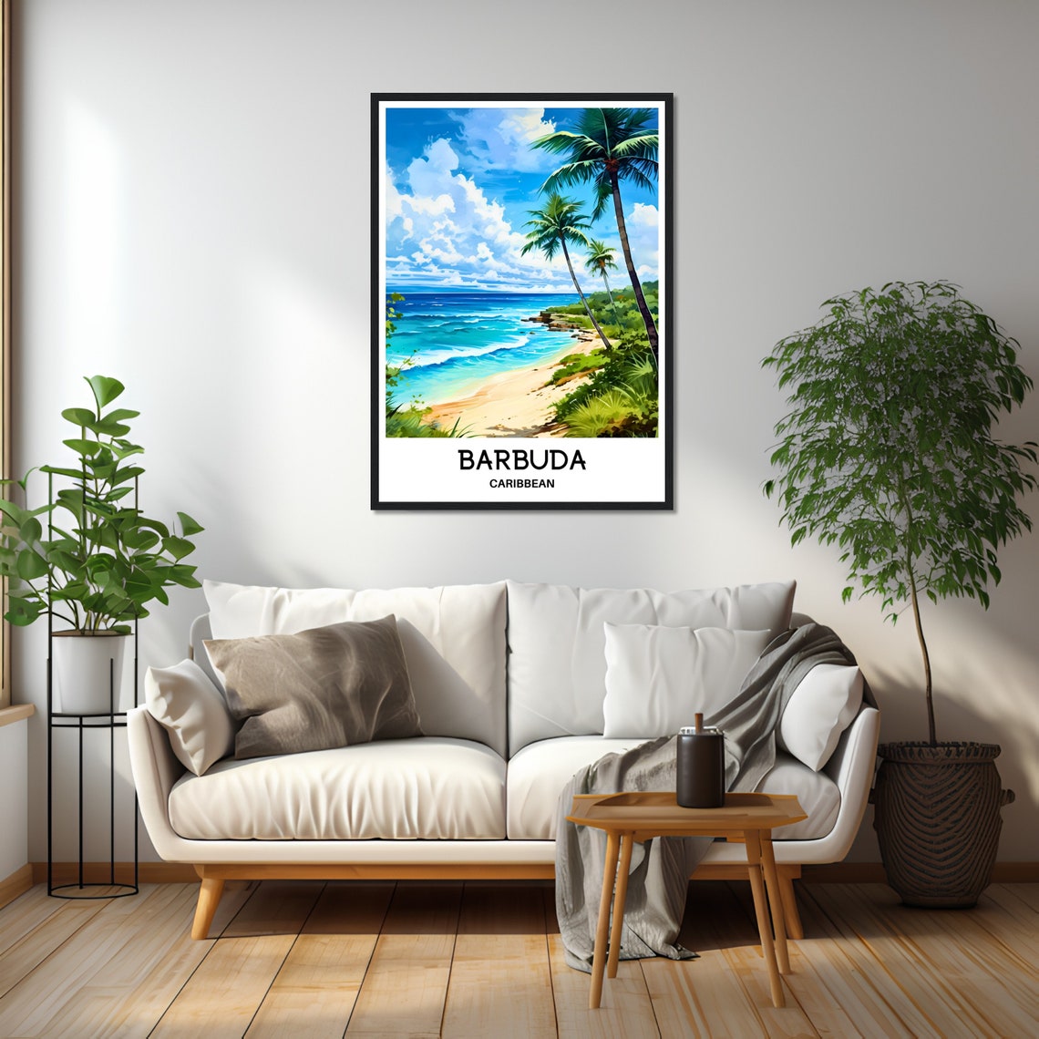 Barbuda Caribbean Palm Fringed Beach Turquoise Ocean Waves Poster - Image 2