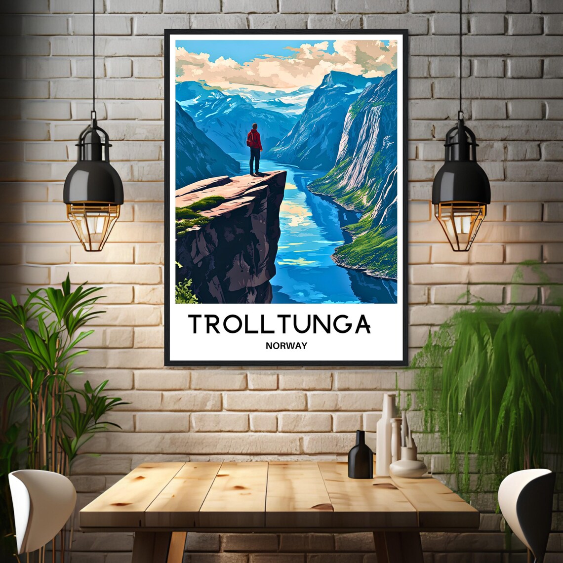 Trolltunga Norway Cliff Over Fjord Hiker Vintage Travel Poster - Image 3