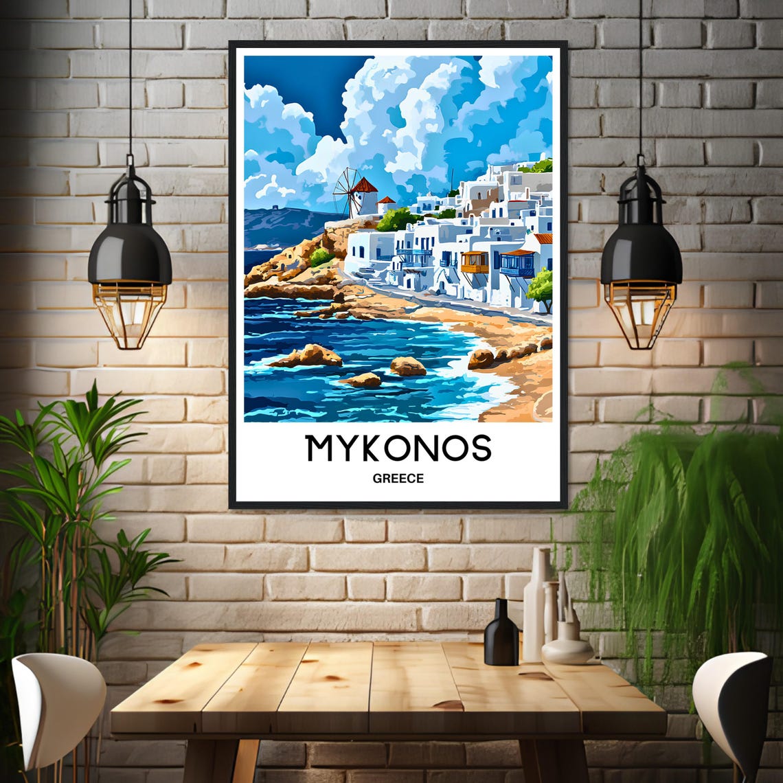Mykonos Greece Whitewashed Village Windmill Sea Travel Poster - Image 3