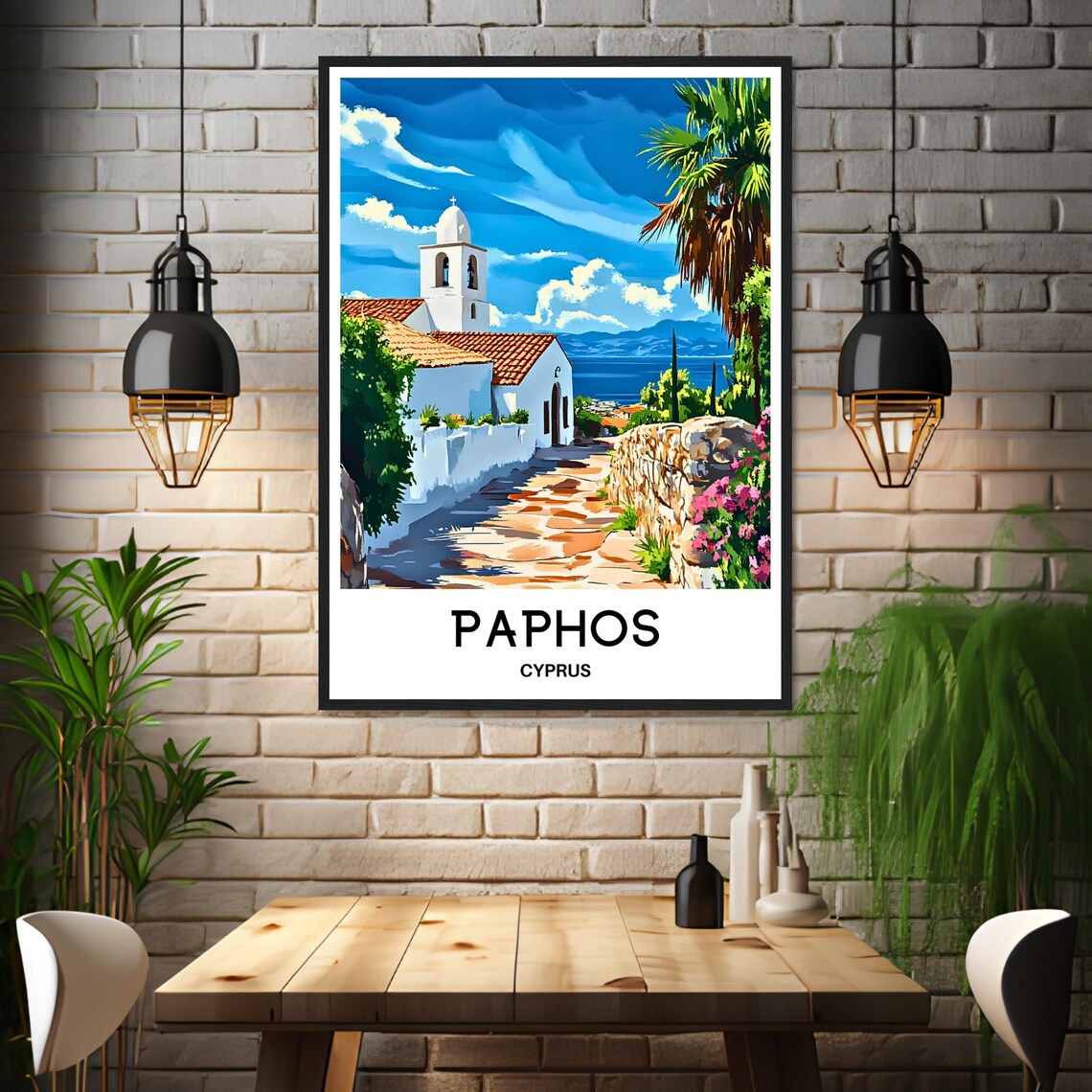 Paphos Cyprus White Church Seacoast Path Bougainvillea Poster - Image 3