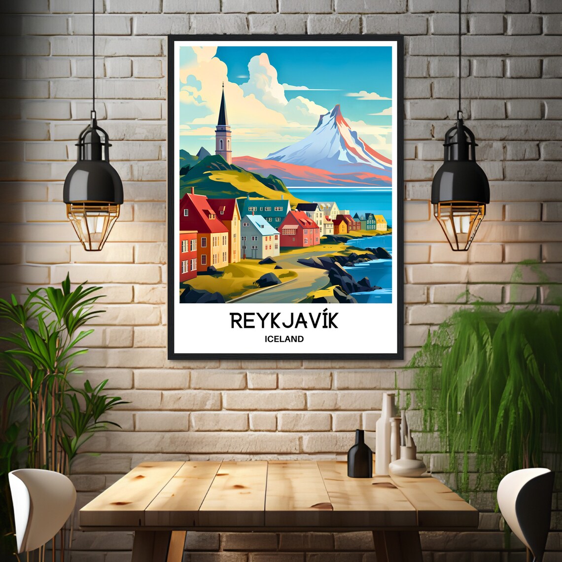 Reykjavik Iceland Coastal Town and Mountain Travel Illustration Poster - Image 3