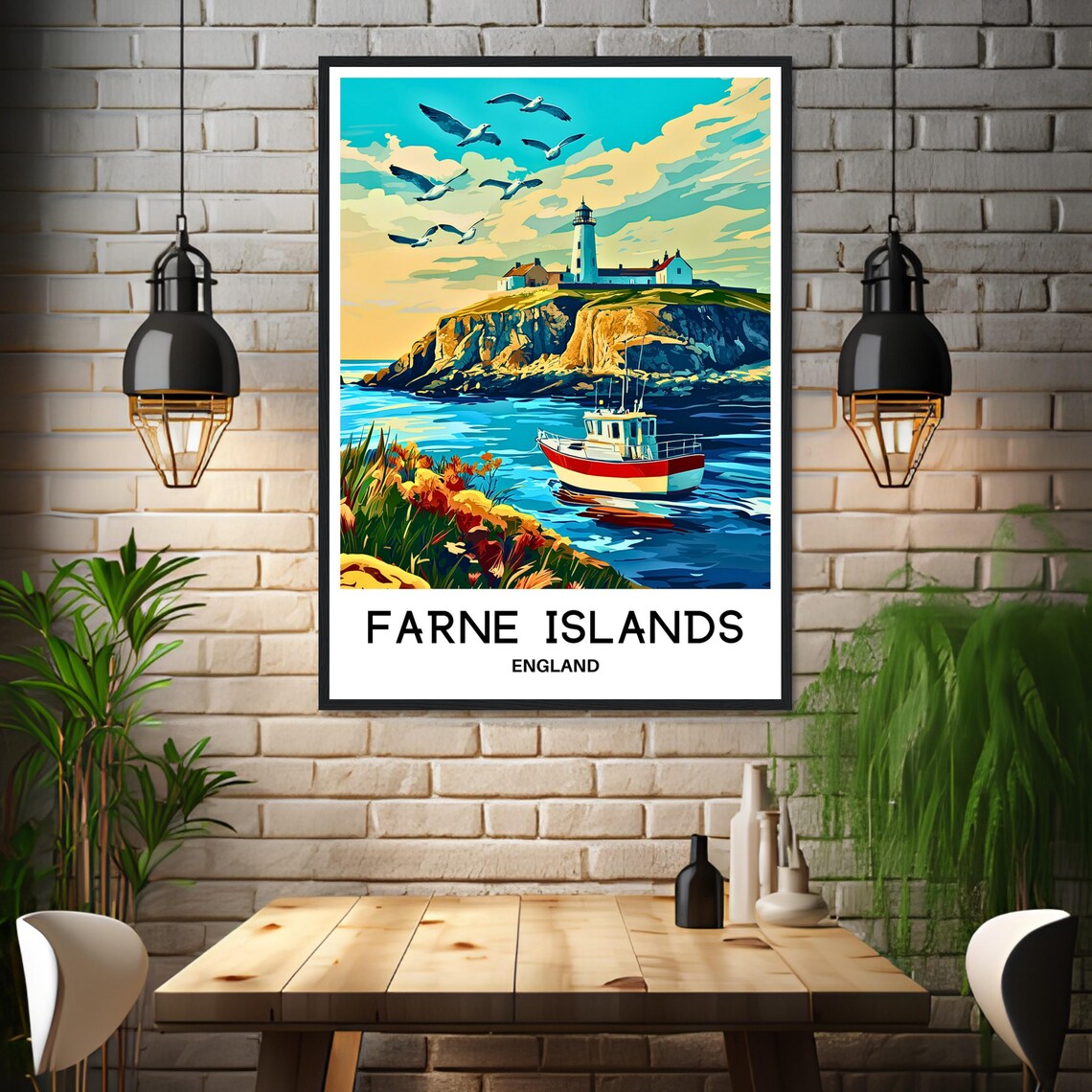 Farne Islands England Lighthouse Boat Seabirds Coastal Travel Poster - Image 3