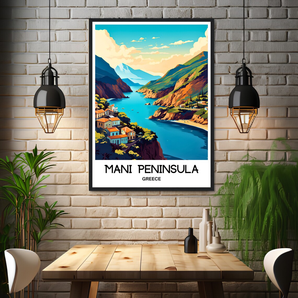 Mani Peninsula Greece Cliff Village Over a Blue Bay Travel Poster - Image 3