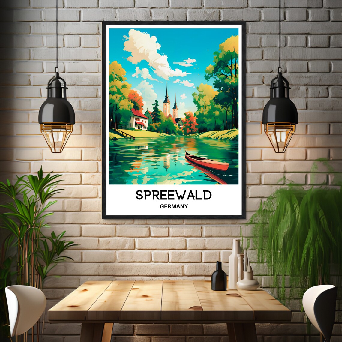Spreewald Germany Riverside Church and Red Canoe Travel Poster - Image 3