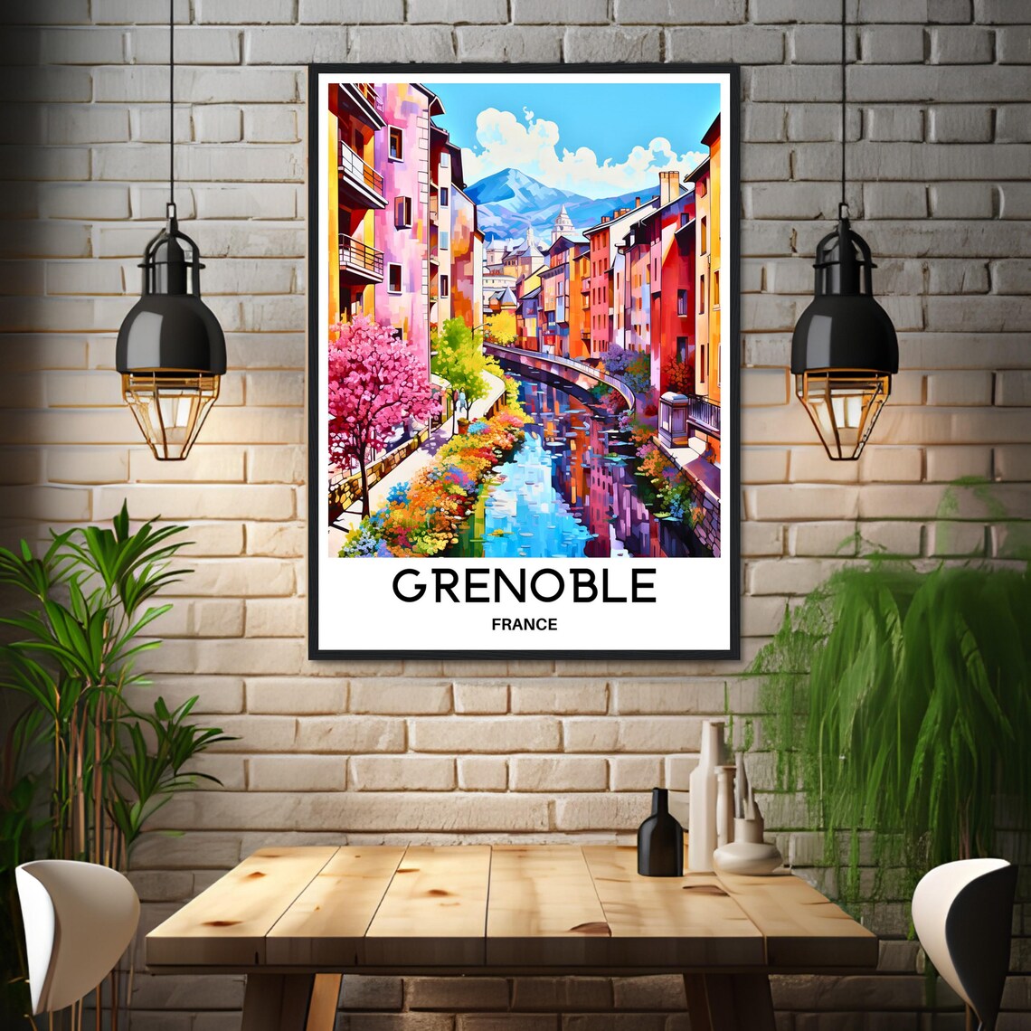 Grenoble France Blossom Lined River Colorful Old Street Poster - Image 3