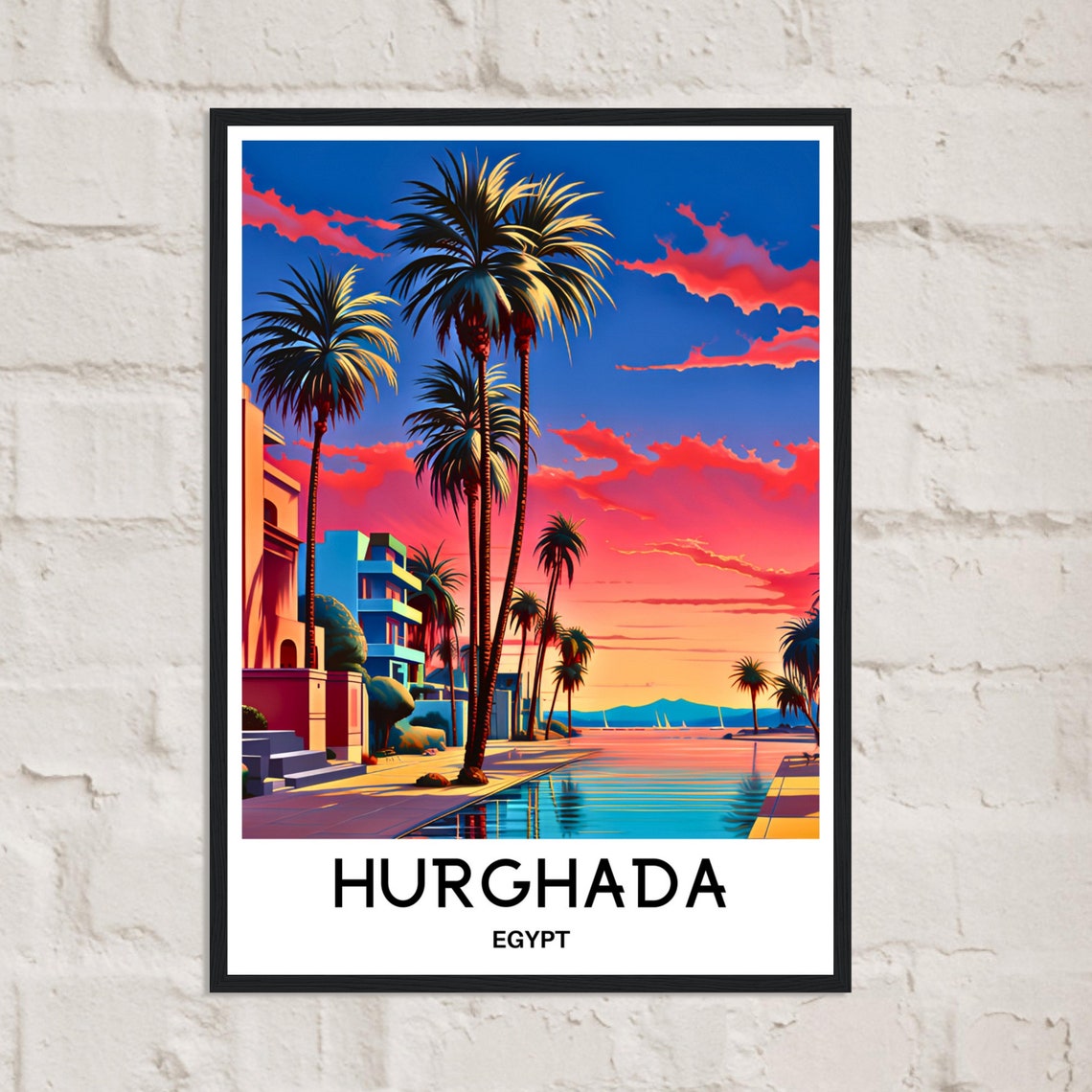 Hurghada Egypt Palm Beach Neon Pink Sunset Resort Travel Poster - Image 2