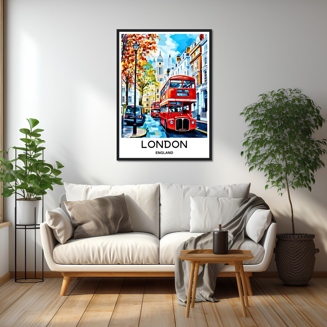 London England Red Double Decker Bus on Autumn Street Poster - Image 2