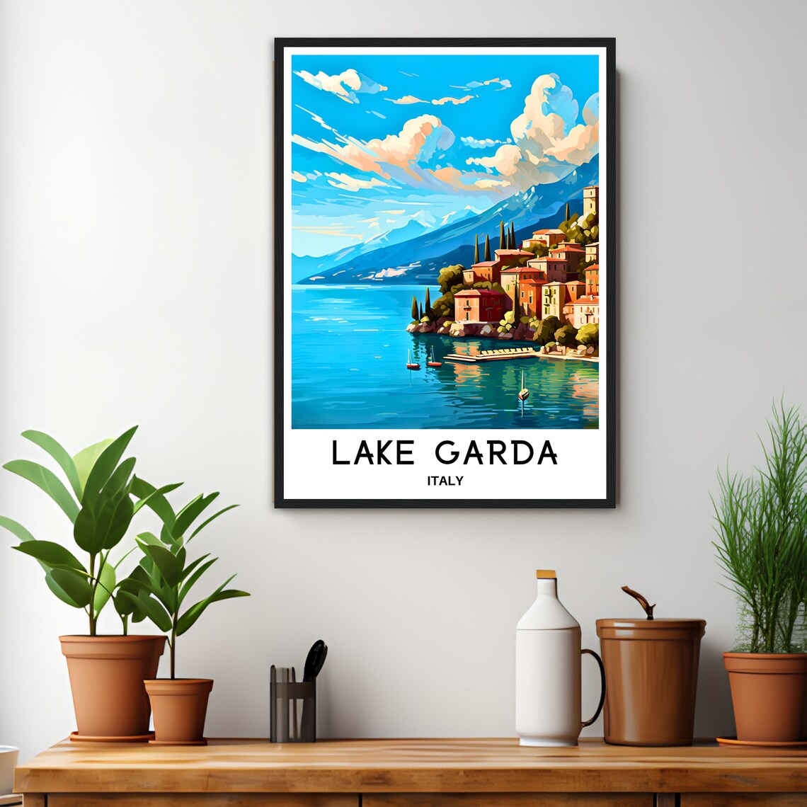 Lake Garda Italy Lakeside Village Tower Boats Harbor Travel Poster - Image 3