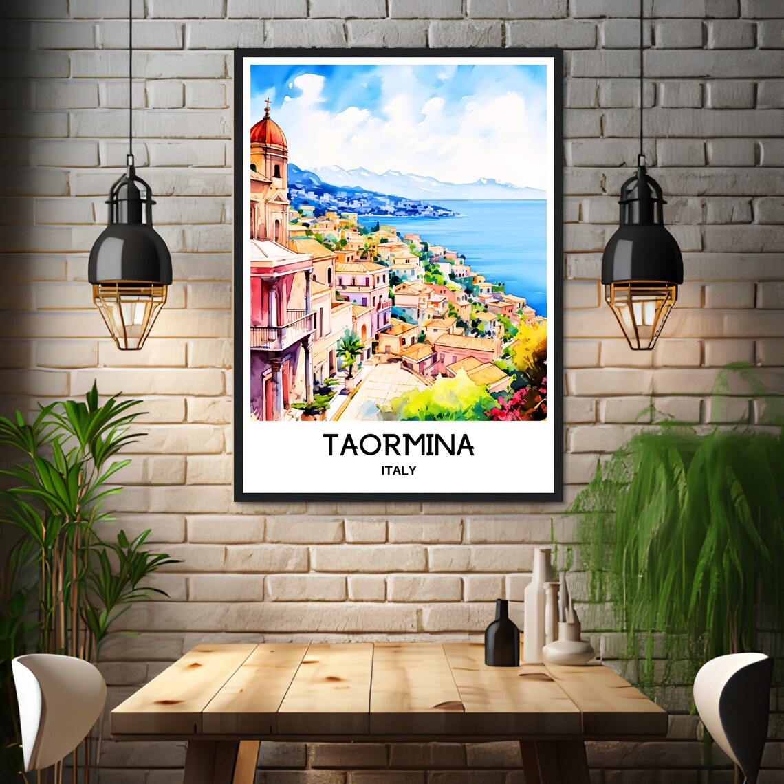Taormina Italy Coastal Town Watercolor Painting Travel Poster - Image 3