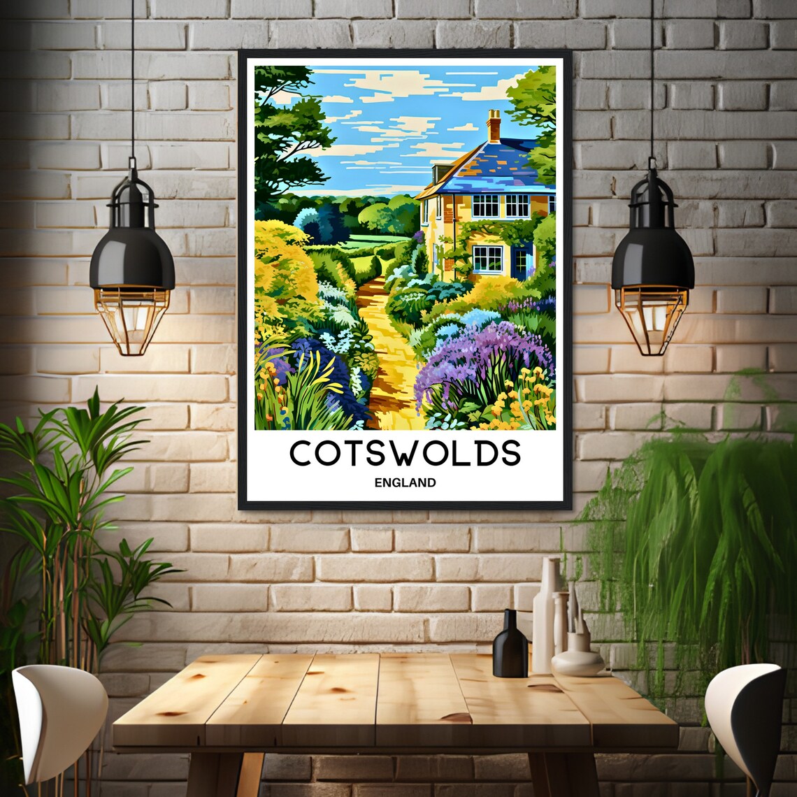 Cotswolds England Cottage Garden Path Illustrated Travel Poster - Image 3