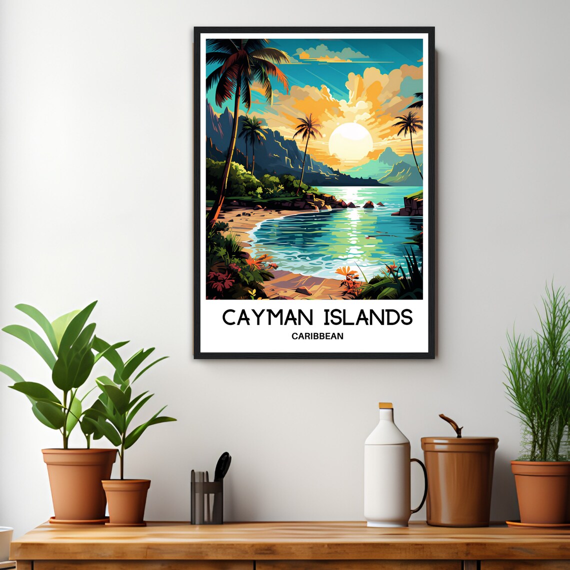 Cayman Islands Caribbean Beach Sunset Palm Coast Travel Poster - Image 2