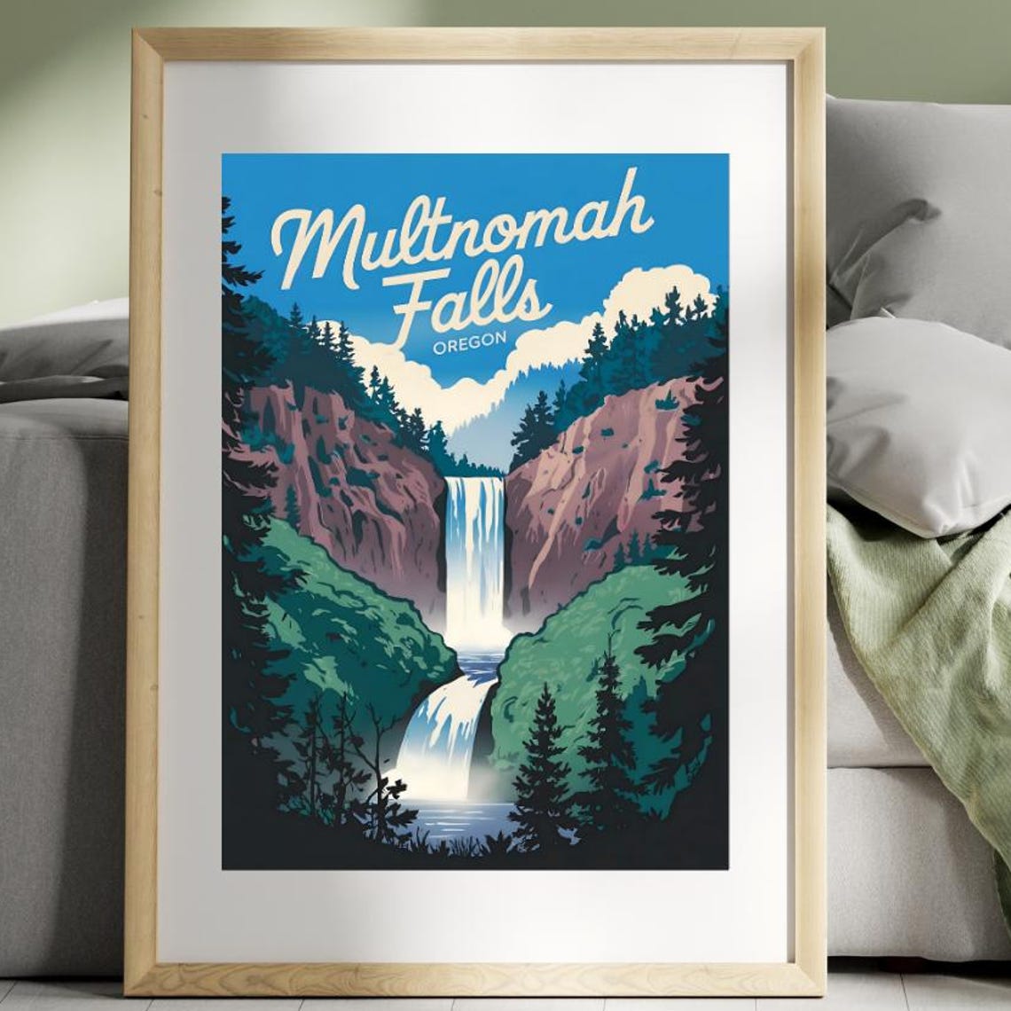 Multnomah Falls Oregon Vintage Travel Poster Waterfall Nature