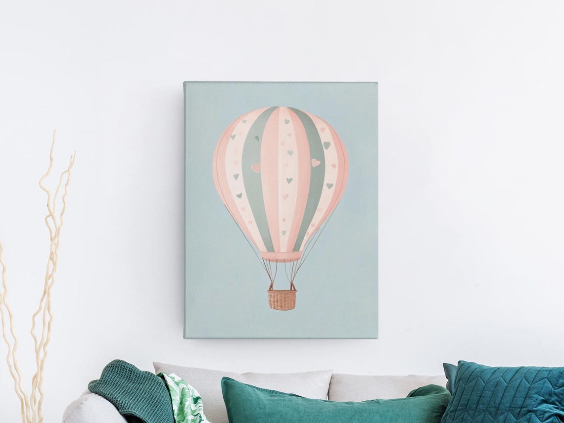 Pastel Heart Pattern Hot Air Balloon On Sage Canvas Nursery Poster - Image 2