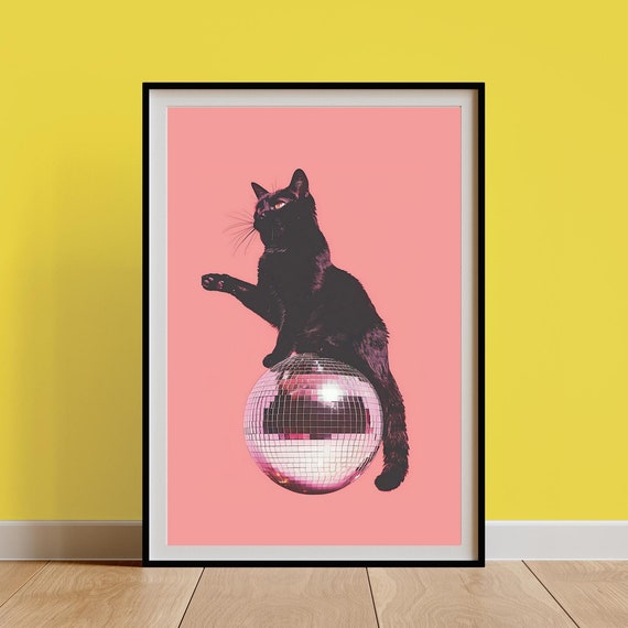 Black Cat Disco Ball 70s Retro Poster Print
