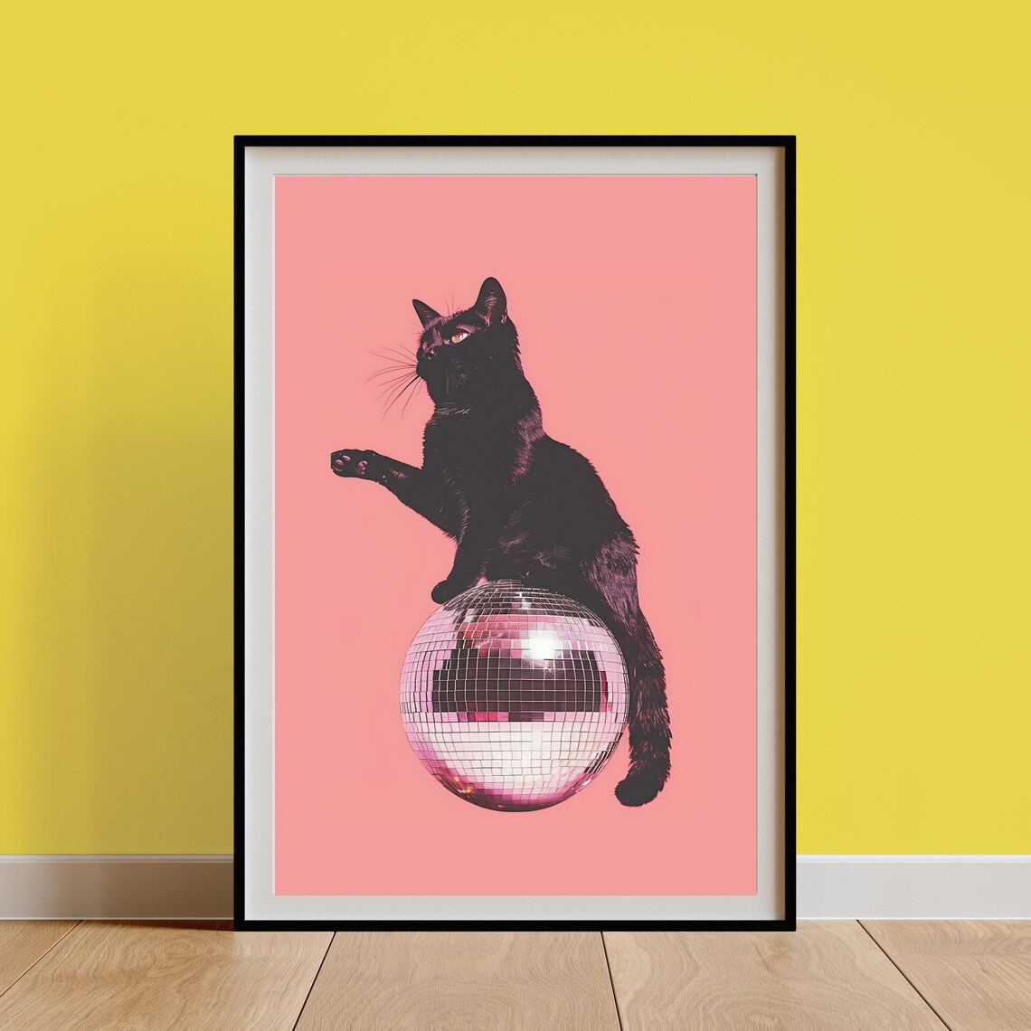 Black Cat Disco Ball 70s Retro Poster Print
