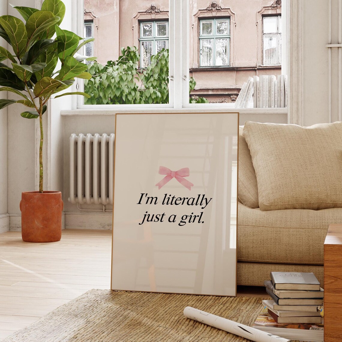 Im Literally Just A Girl Pink Bow Serif Coquette Dorm Room Aesthetic Poster