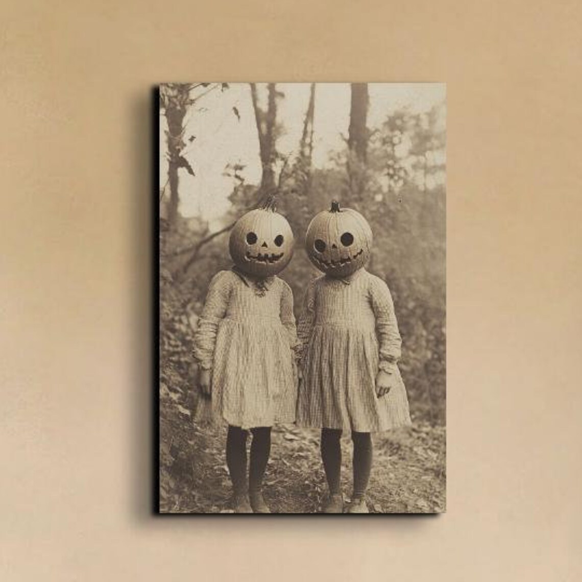 Creepy Pumpkin Head Kids Vintage Sepia Halloween Photo Art Poster