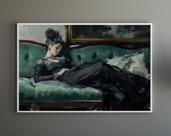 Elegant Lady in Black Reclining on Emerald Sofa Vintage Art Print