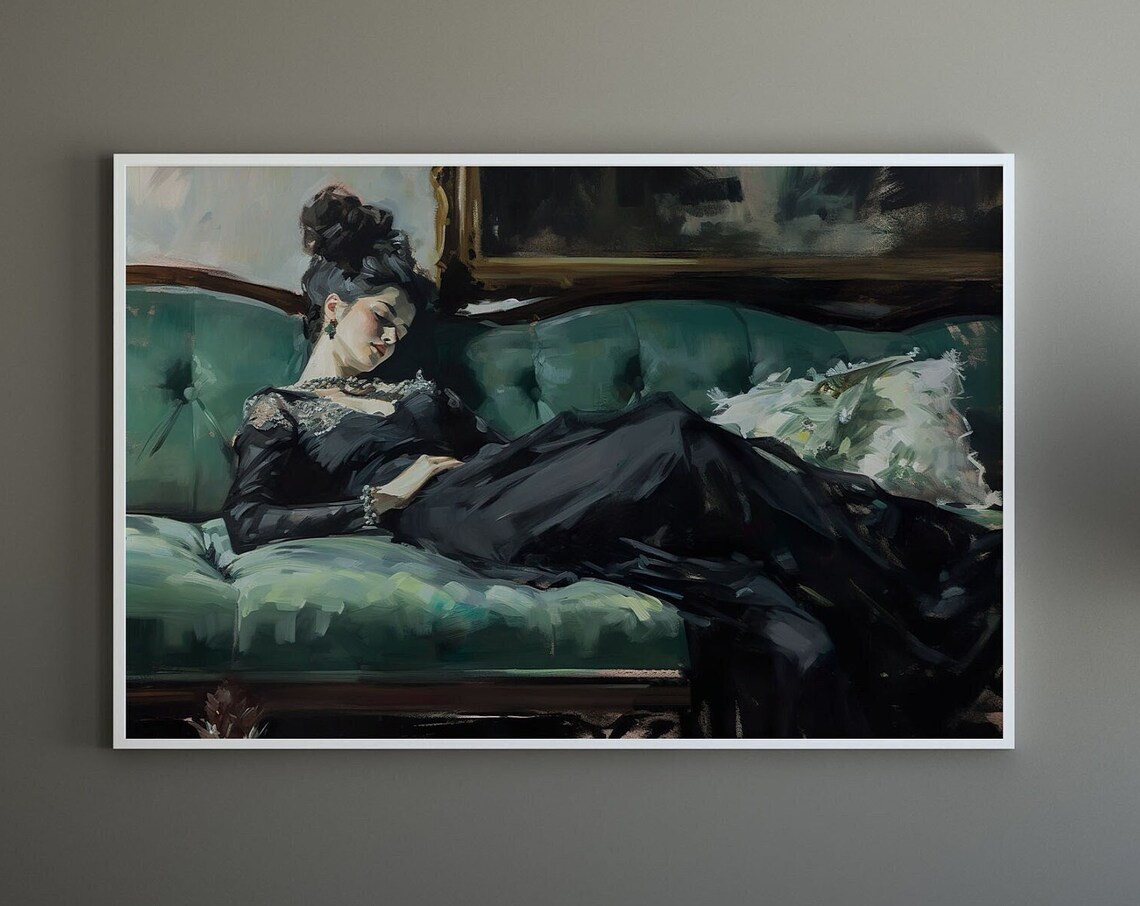 Decadent Young Woman Portrait Vintage Wall Art Painted Emerald Green Moody Decor