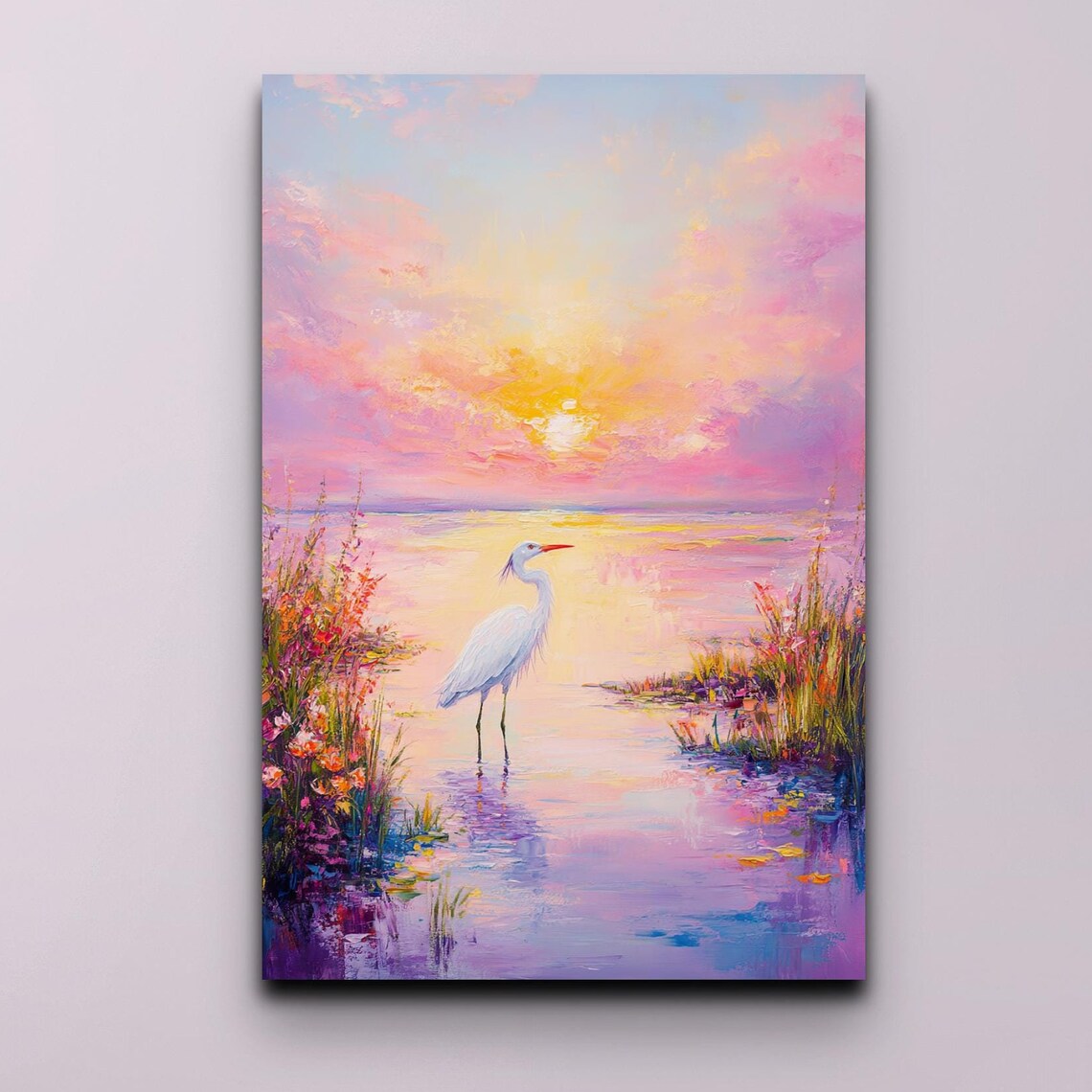 White Egret in Pastel Watercolor Sunset Wetland With Pink Sky Poster