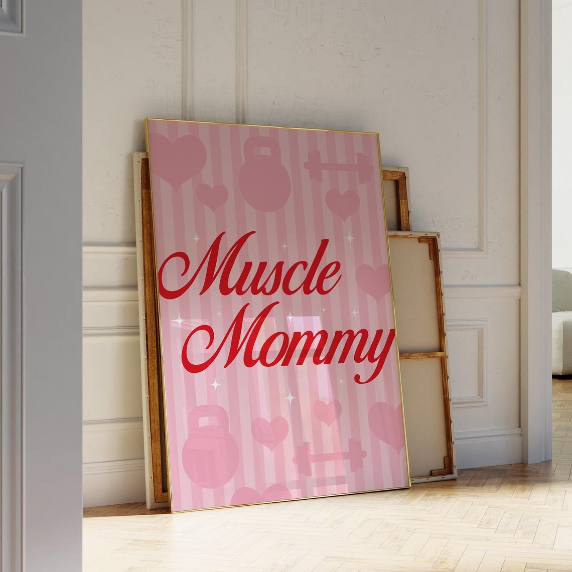Muscle Mommy Red Script Pink Striped Gym Girl Wall Art Poster