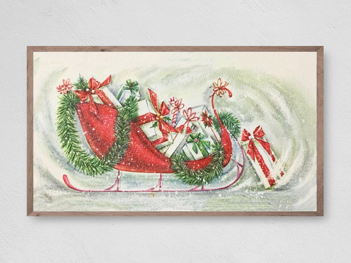 Red Santa Sleigh Full of Gifts Watercolor Christmas Holiday Wall Art