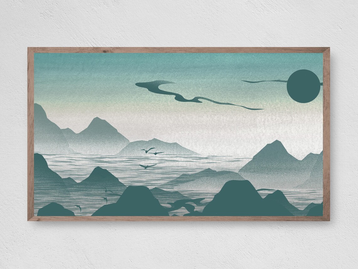 Teal Japanese Seascape Mountains Sun Birds Minimalist Travel Poster
