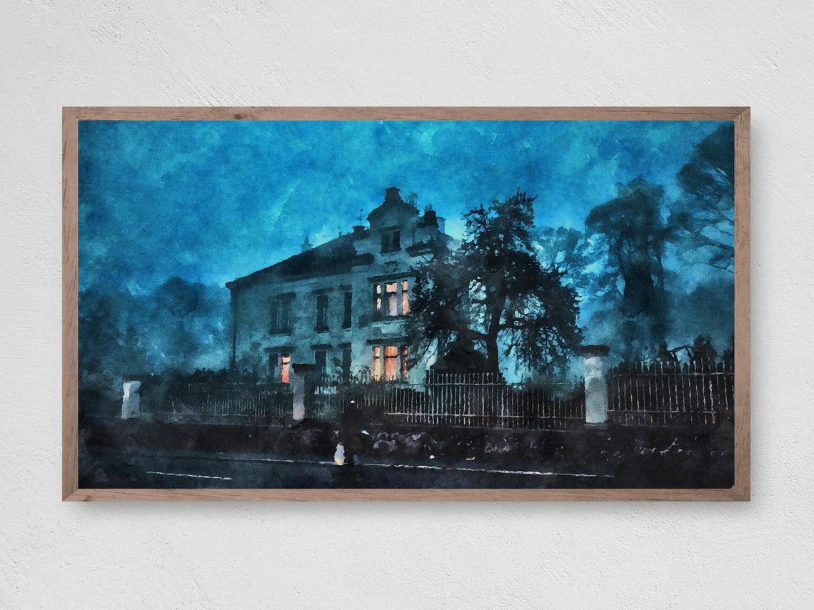 Spooky Haunted House Night Watercolor Halloween Gothic Poster