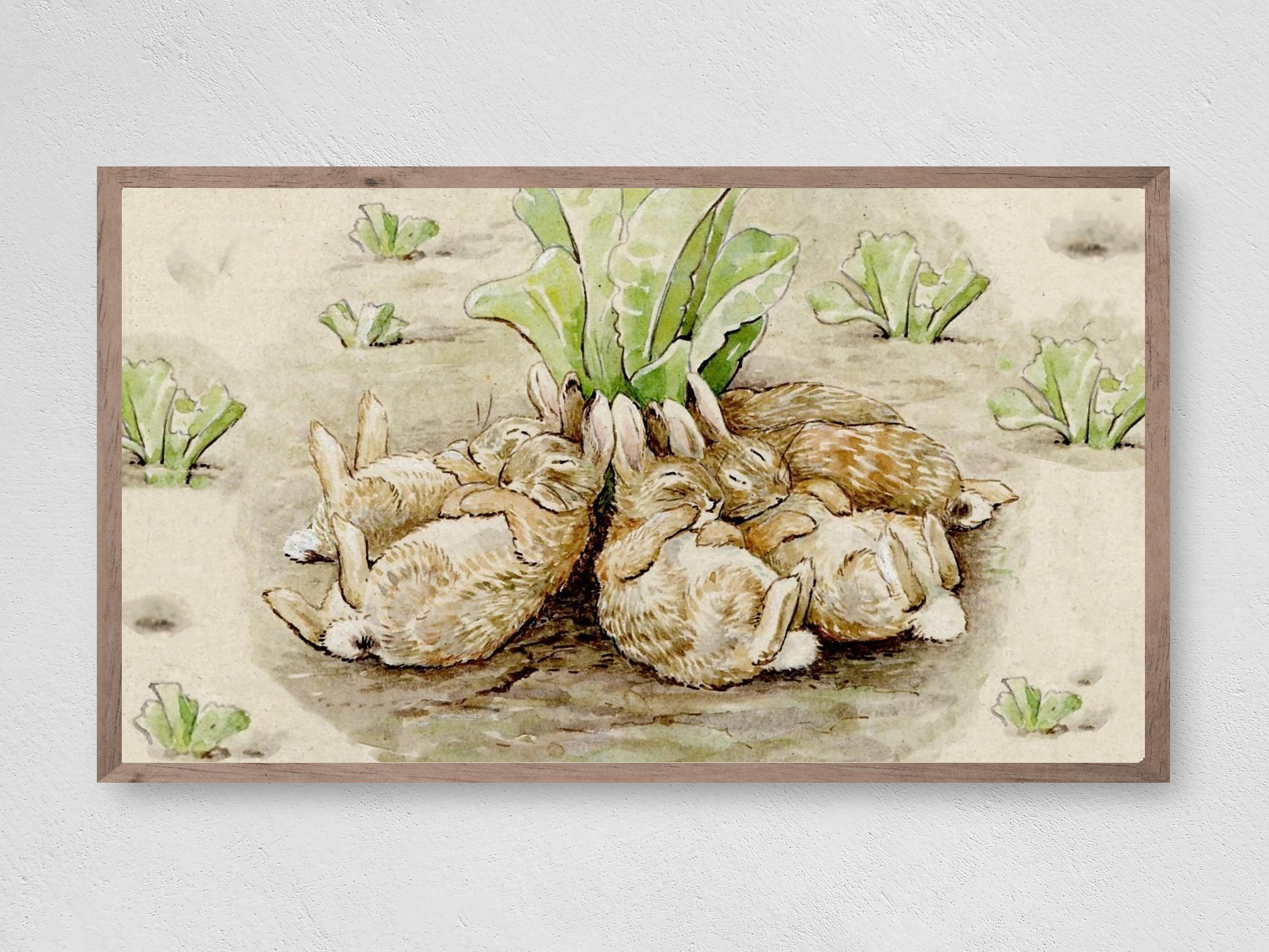 Easter Vintage Bunnies Sleeping, Spring Art Print