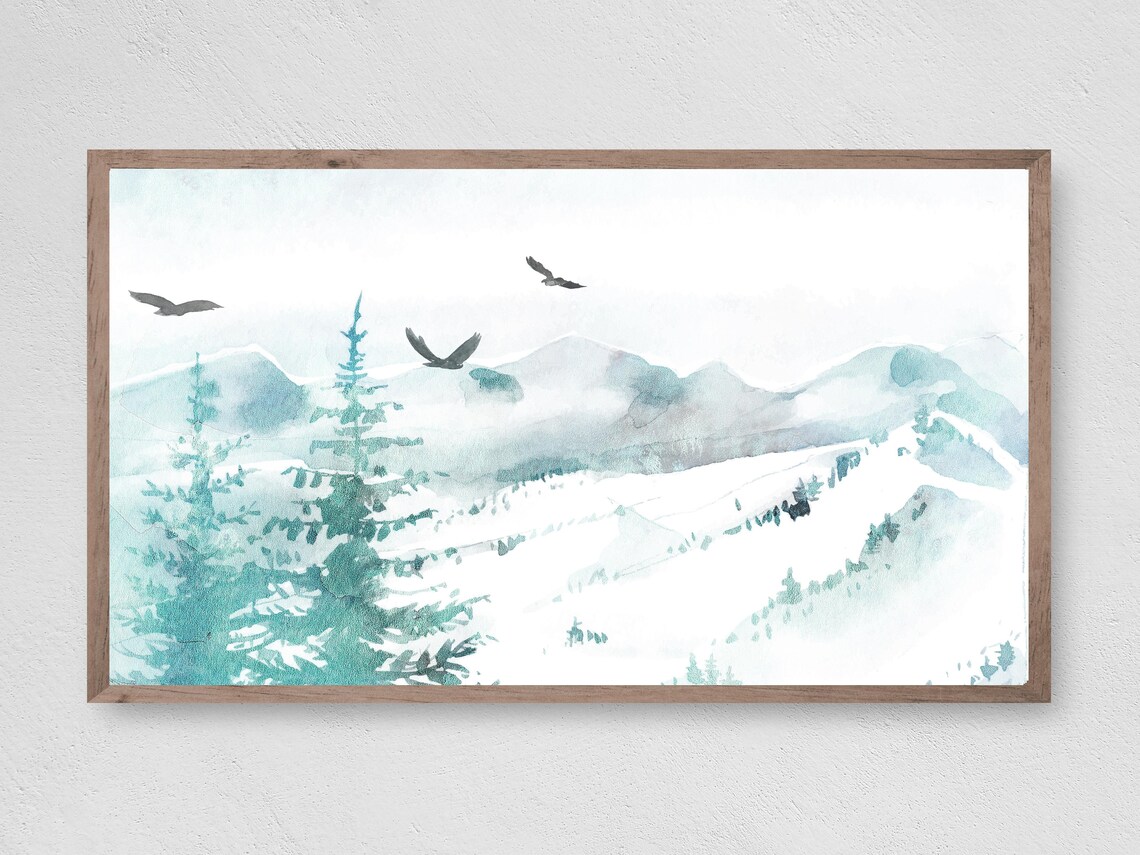 Snowy Mountain Watercolor Flying Birds Pine Winter Landscape Poster
