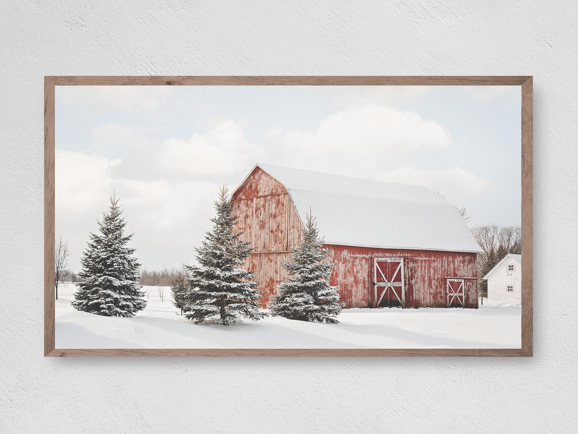 Classic Barn In The Snow Art Print, Winter Holiday