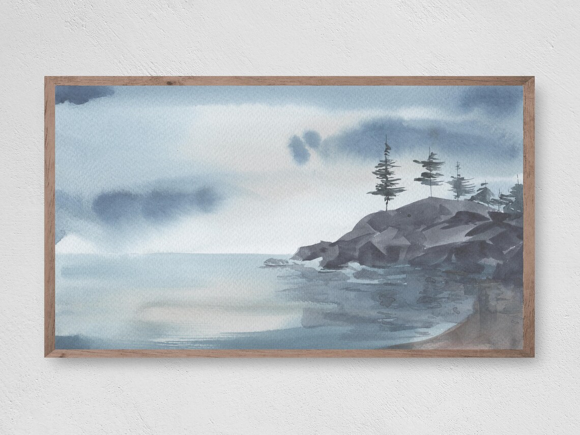 Trees By The Sea Watercolor Beach Art Print