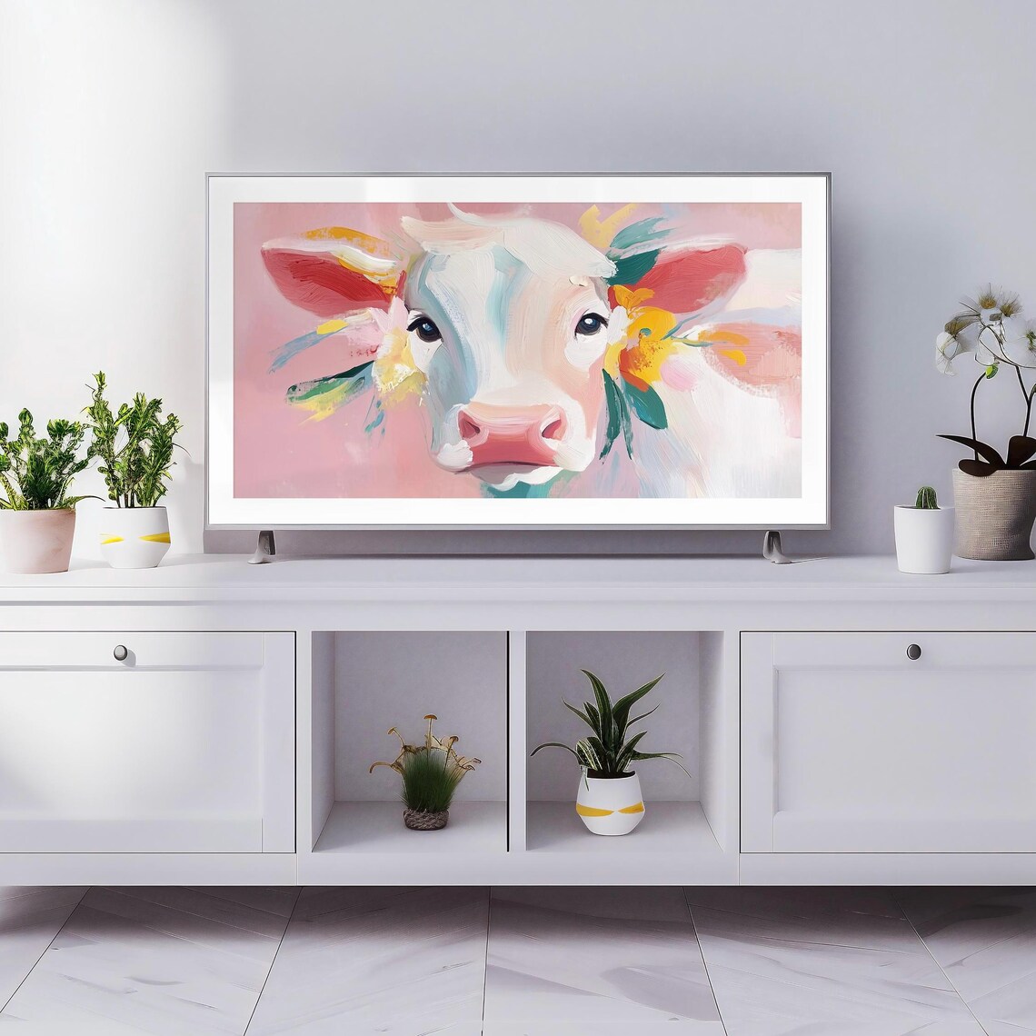 Pastel Pink Cow Portrait Cute Farmhouse Animal Art Frame TV Poster - Image 4