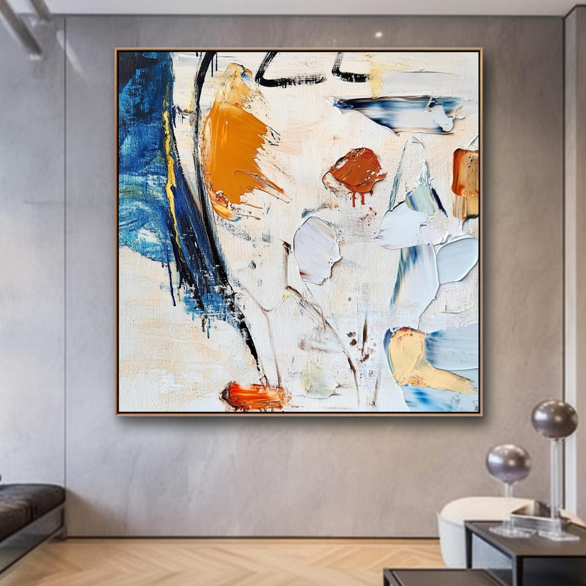 White Blue Orange Abstract Impasto Painterly Strokes Minimal Poster - Image 3