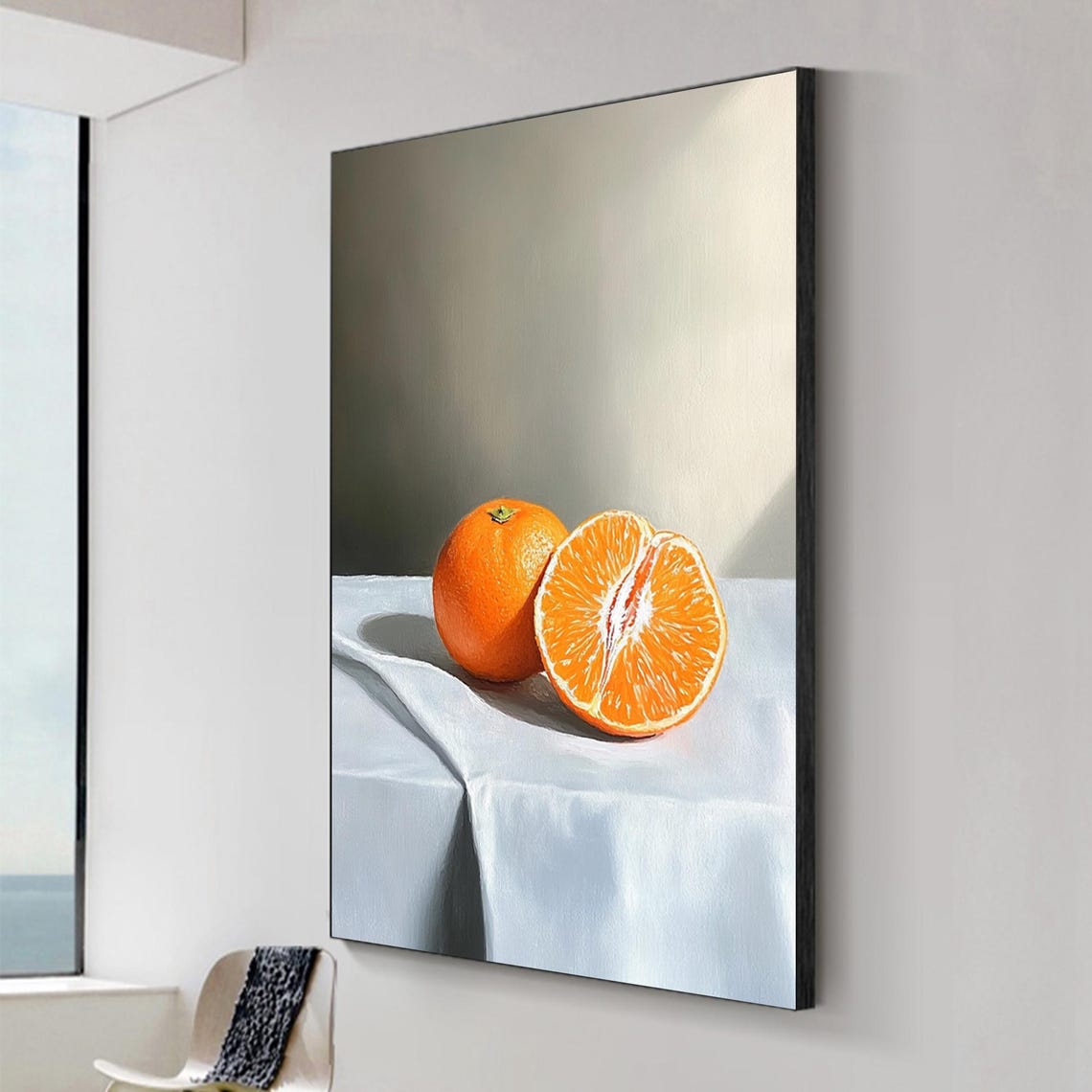 Whole And Halved Orange On White Linen Still Life Painting Poster - Image 2