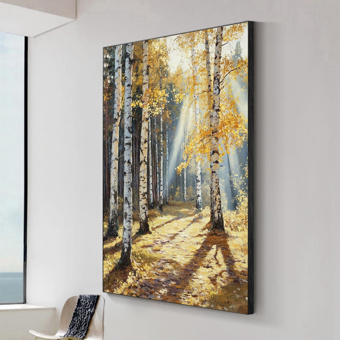 Autumn Birch Forest With Golden Sun Rays Landscape Painting Poster - Image 2