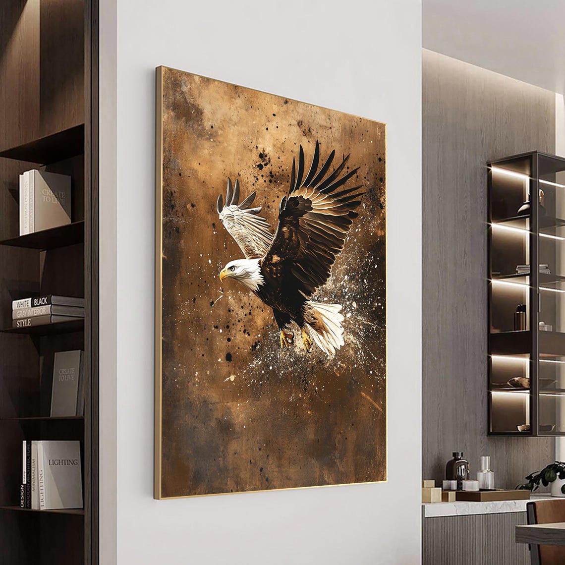 Bald Eagle In Flight Bronze Textured Wildlife Painting Poster - Image 3