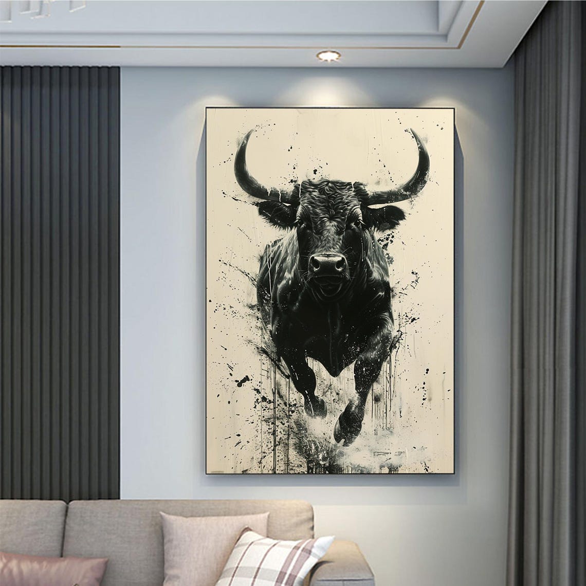 Original Black Bull Wall Painting Abstract Cow Oil Painting On Hand Animal Painting Modern Animal Acrylic Art Bedroom Wall Decor - Image 2