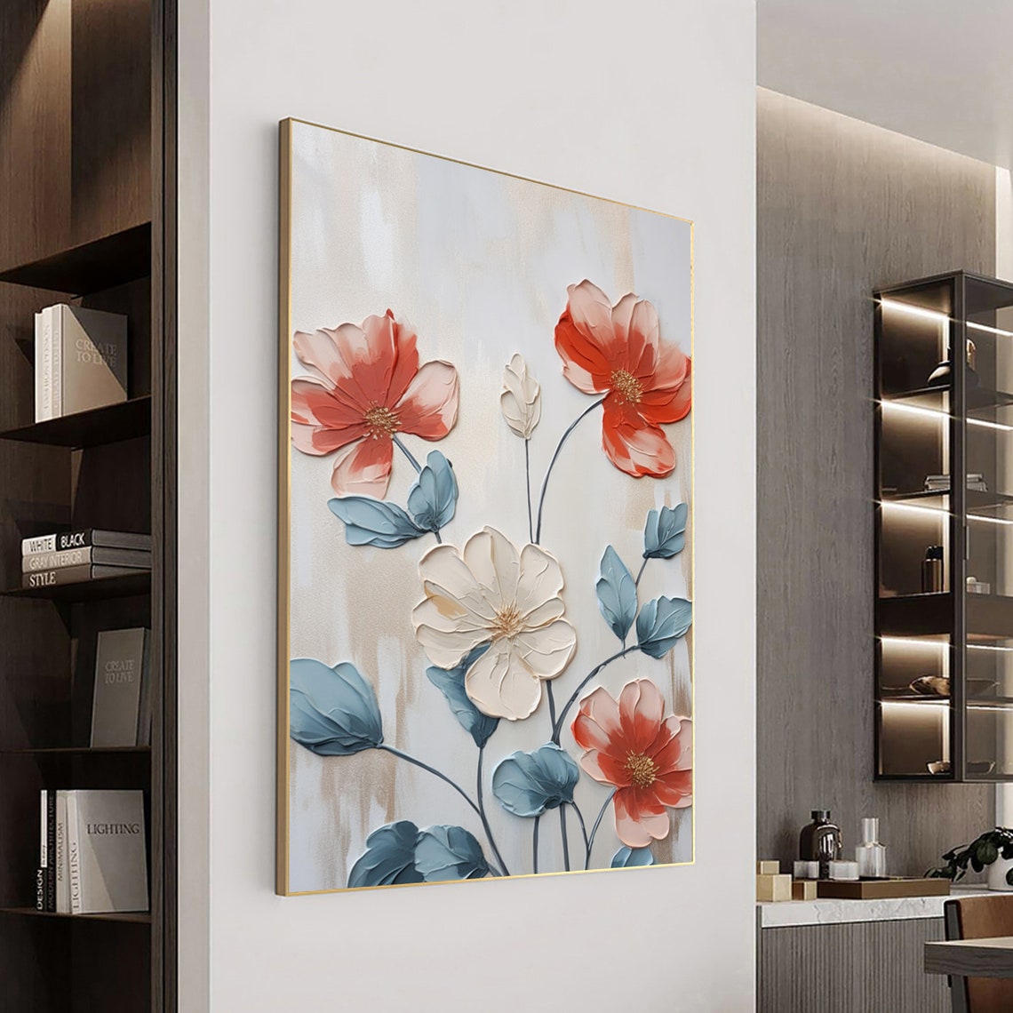 Red And Cream 3D Impasto Flowers With Blue Leaves Art Poster - Image 3