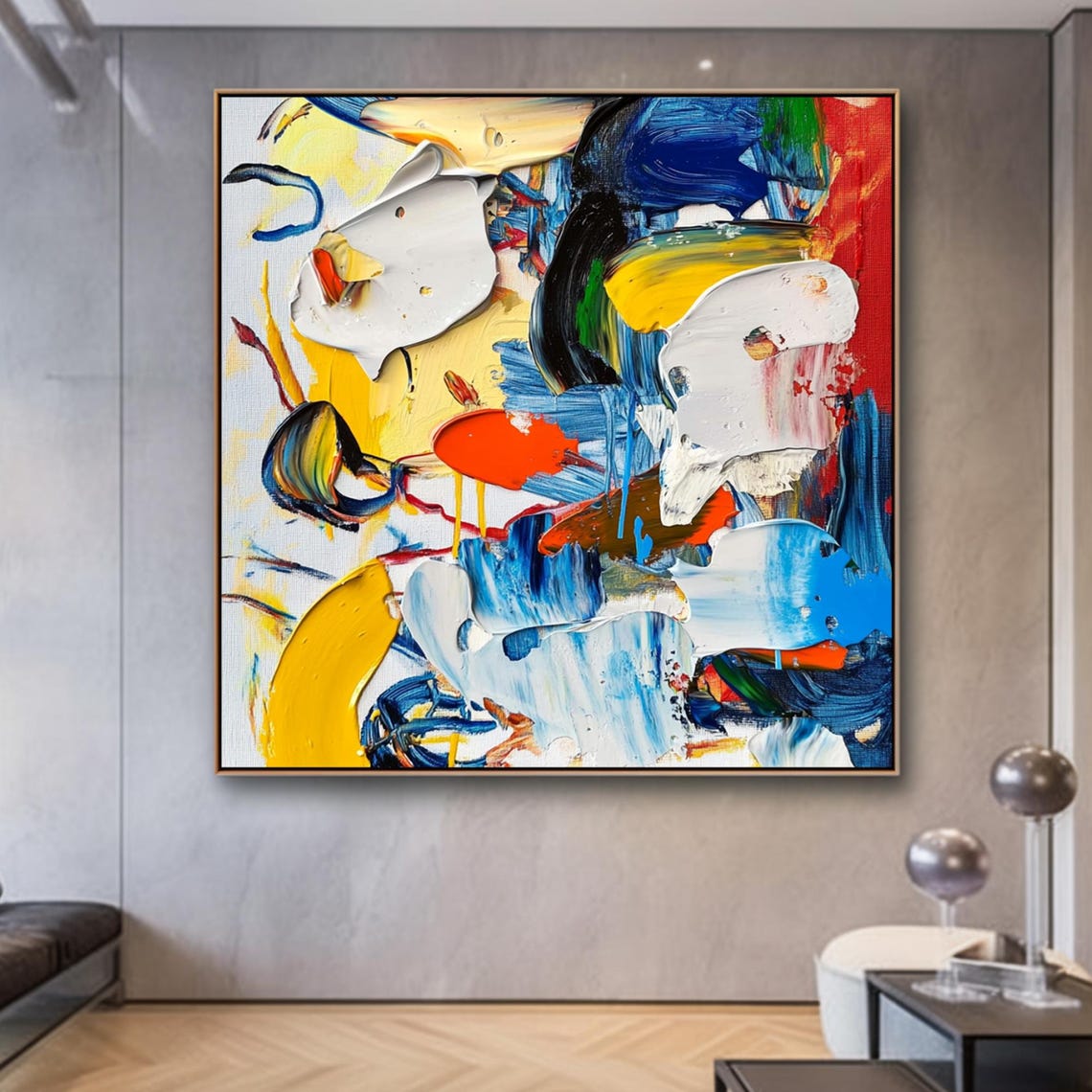 Vibrant Abstract Impasto Yellow Blue Red Bold Painterly Art Poster - Image 3