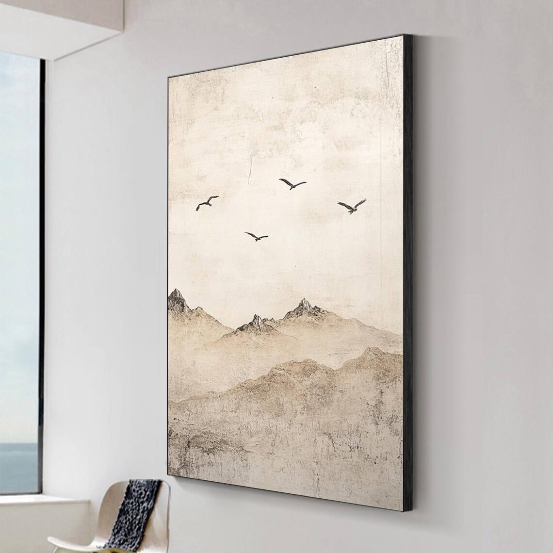 Minimalist Mountain Peaks Birds Flying Beige Ink Wash Style Poster - Image 2