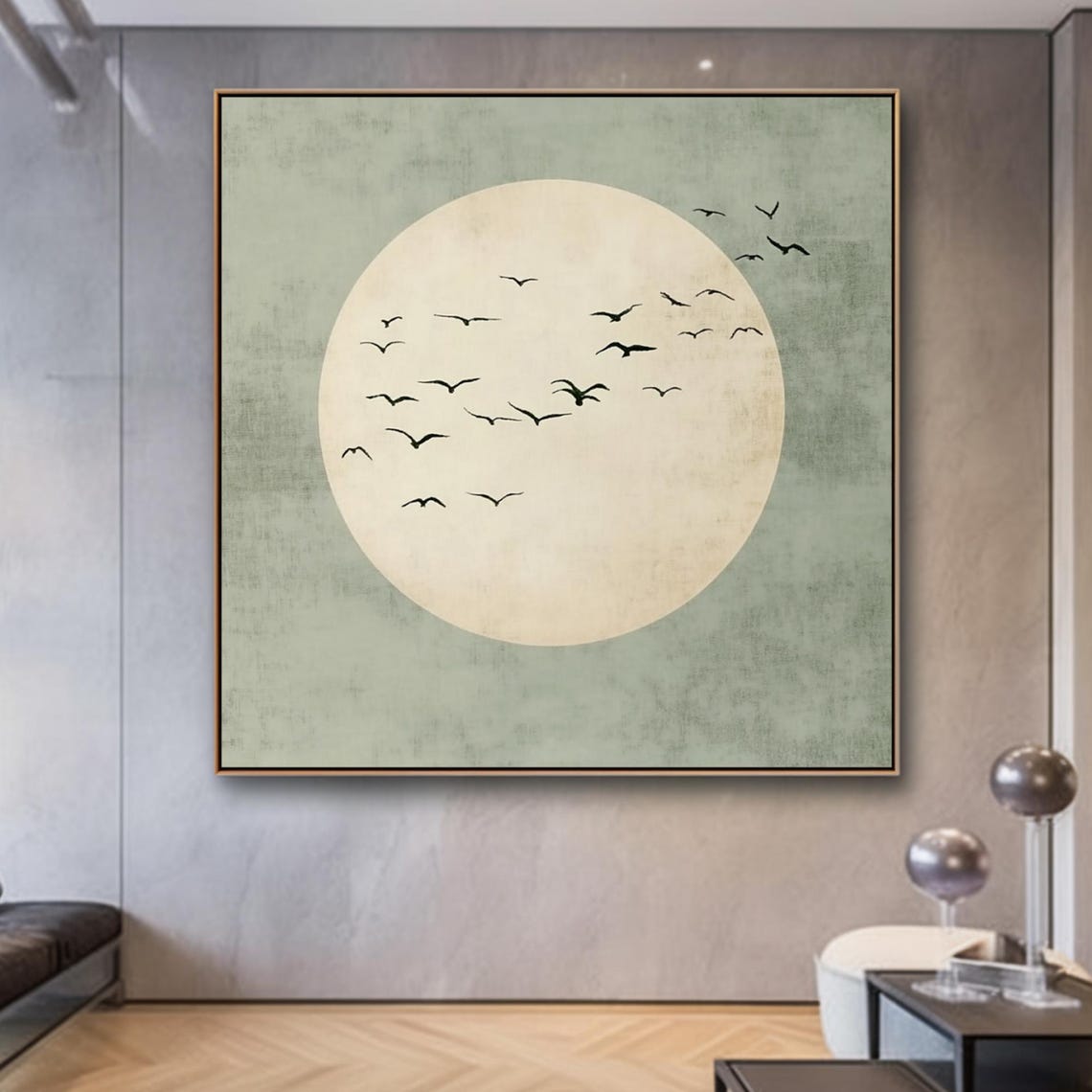 Full Moon Birds Sage Green Background Gold Frame Minimal Poster - Image 3