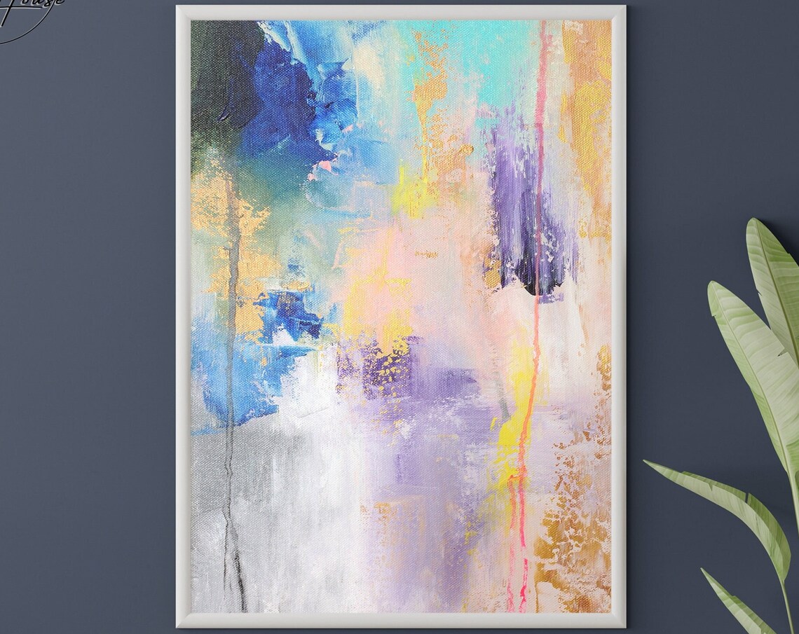 Soft Pastel Blue Pink Gold Purple Abstract Wash Art Wall Print
