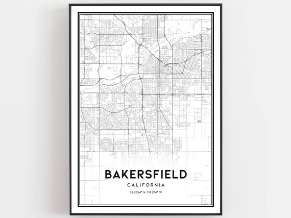 Bakersfield Map Print Poster Wall Art Ca City Street Decor Road Gift