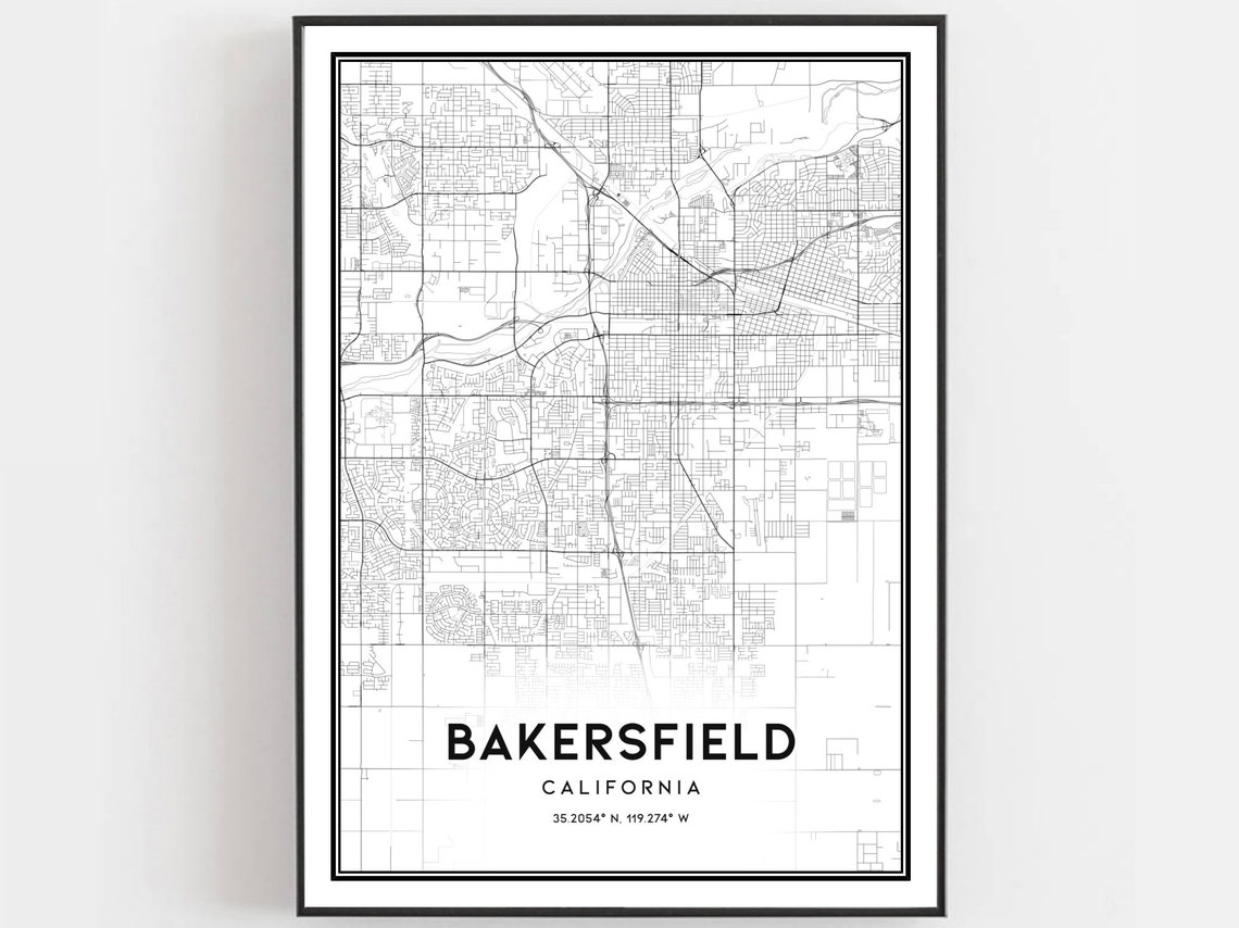 Bakersfield Map Print Poster Wall Art Ca City Street Decor Road Gift